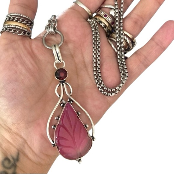 Genuine pink topaz & pink carved agate in leaf shape gemstone chain necklace - Picture 4 of 13